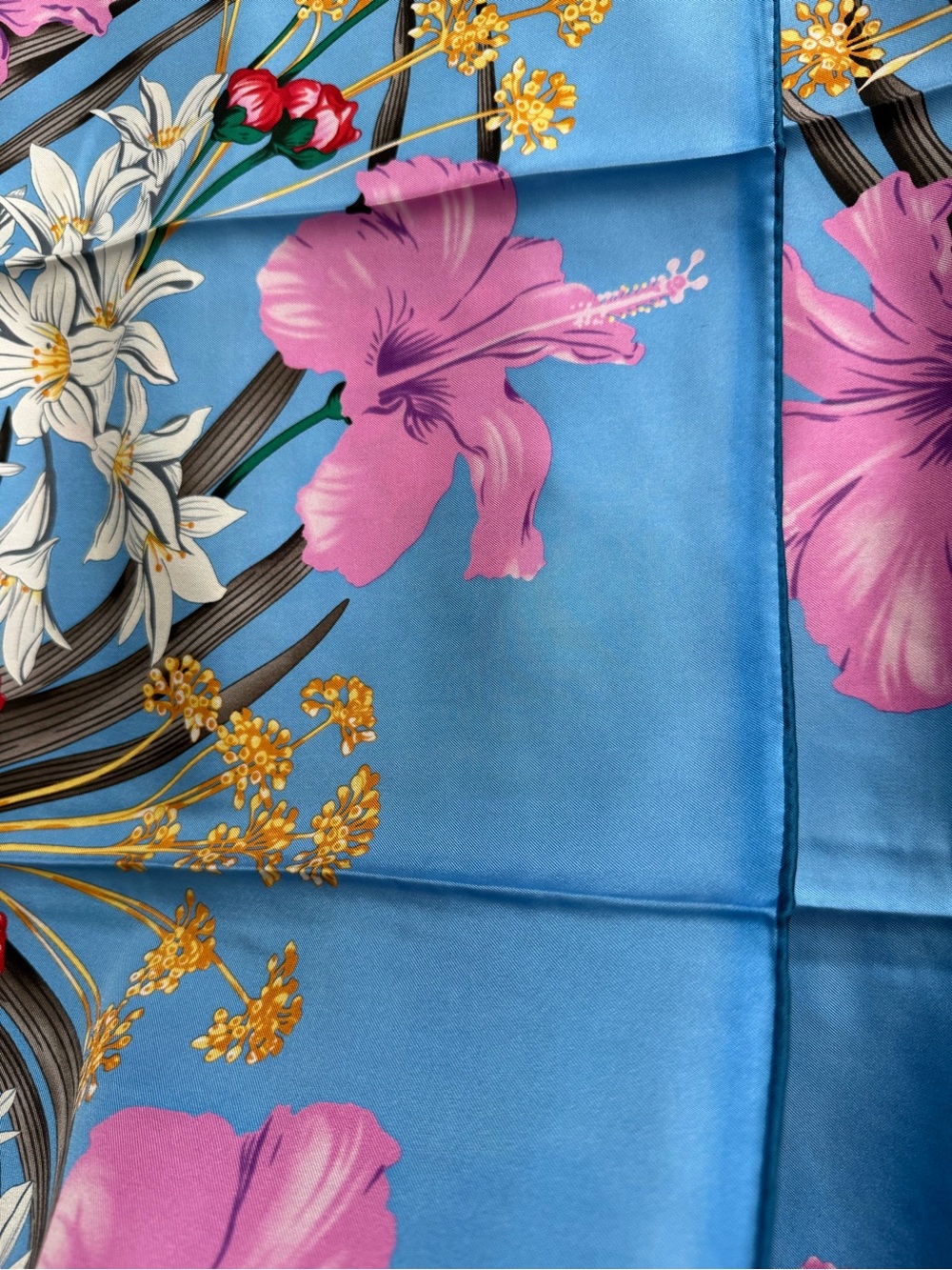 Display # 1 Salvatore Ferragamo Blue Floral Silk Scarf with Pink & White Blooms - Picture 3 of 3